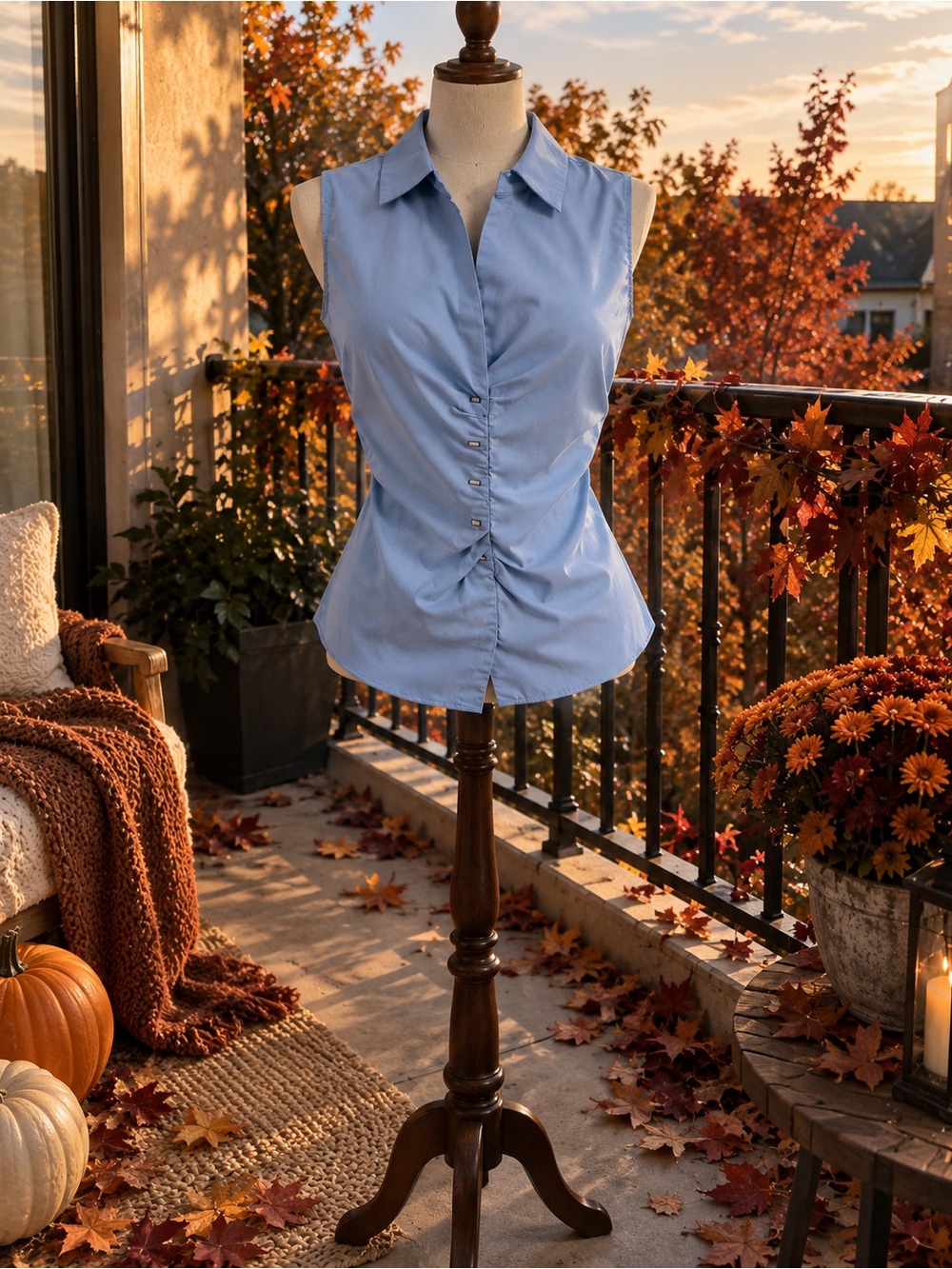 Tahari Light Blue Sleeveless Ruched Button-Down Top